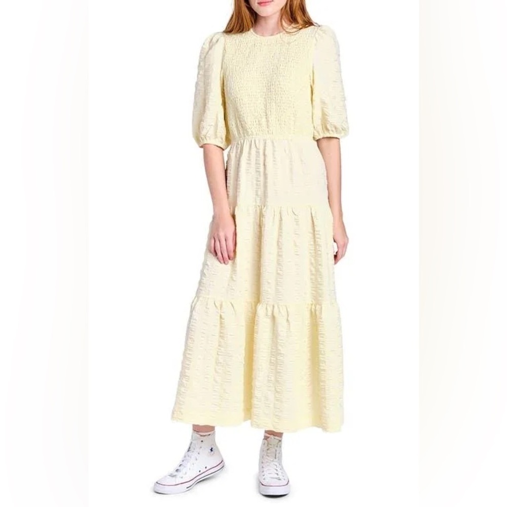 En Saison Smocked Tiered Midi Maxi Dress Yellow Cream Size M